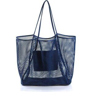Women's Dark Blue Mesh Beach Nylon & Polyester No-closure Tote Shoulder Handbag